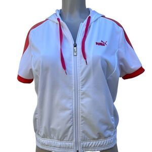 Puma Hoodie Jacket Women's Large White Orange Colorblock Short Sleeve Full Zip